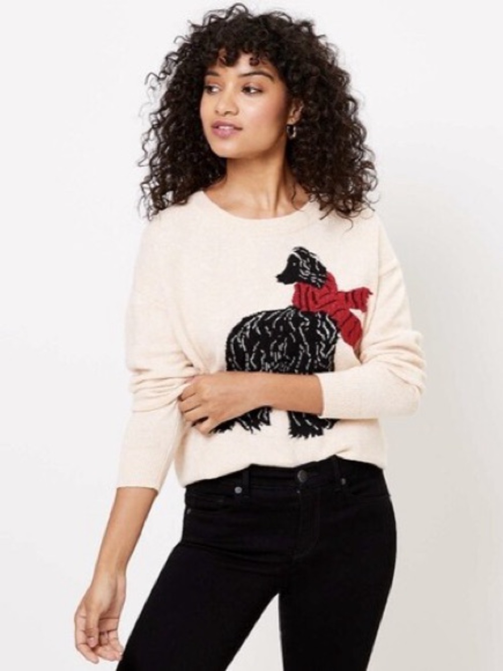 LOFT Medium Cream Cozy Fancy Dog Cotton Blend Crew Neck Christmas Sweater